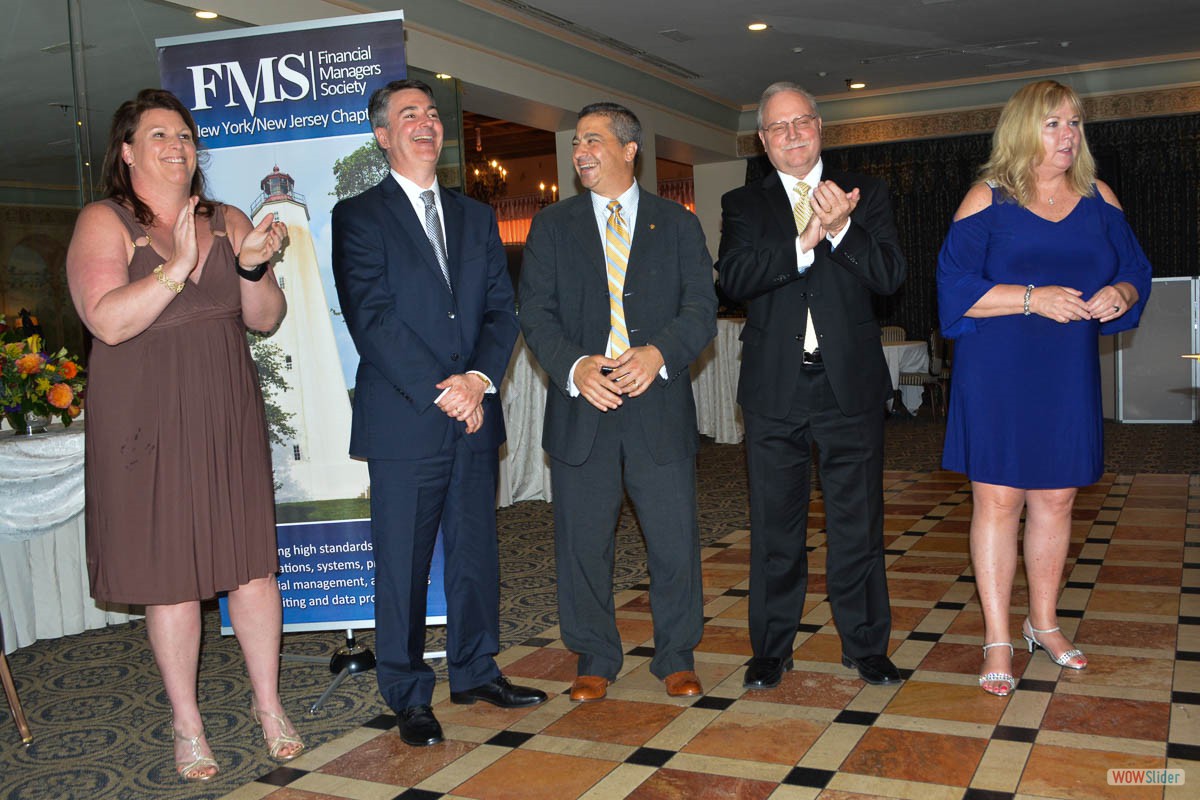 Chapter Past Presidents are introduced (l.-r.) Cindi Rand, Robert Currie, Steve Fusco, Jim Montagne, Maureen Kalena.